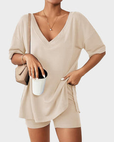 Casual 2-Piece Loungewear Set Oversized Split Hem Top & Fitted Shorts