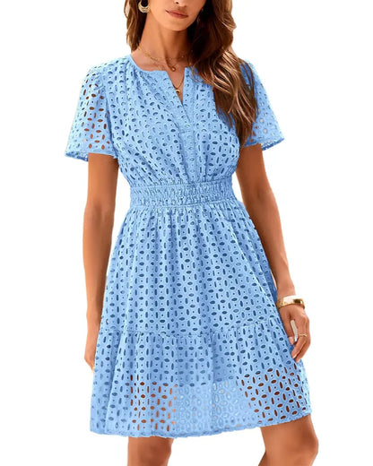 Women V Neck Lace A Line Summer Dress