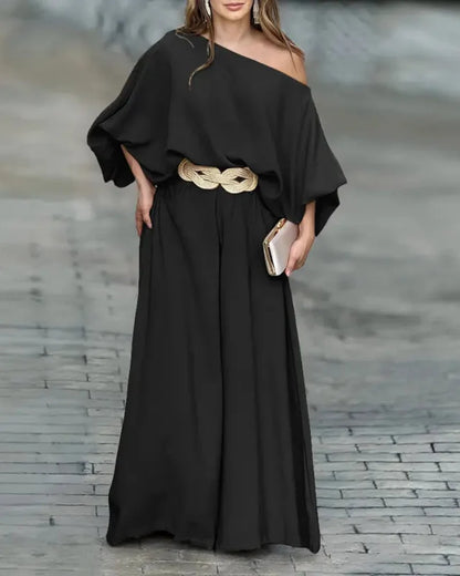 Skew Neck Set – Lantern Top & Wide Leg Pants