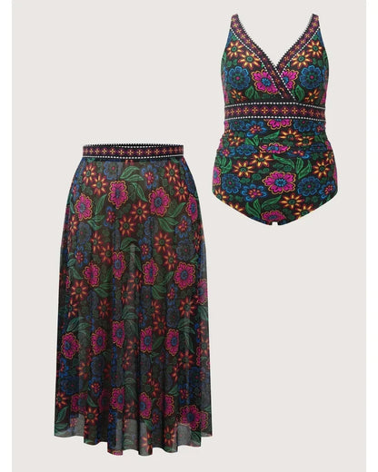 Two-Piece Floral Print Ruched Mesh Swimsuit, Sarong