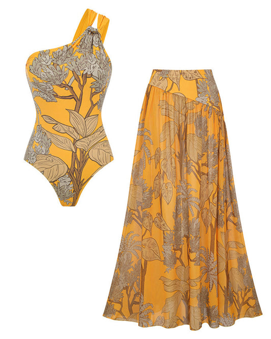 Women’s One-Shoulder Yellow Plant Print Swim Set with Cover Skirt