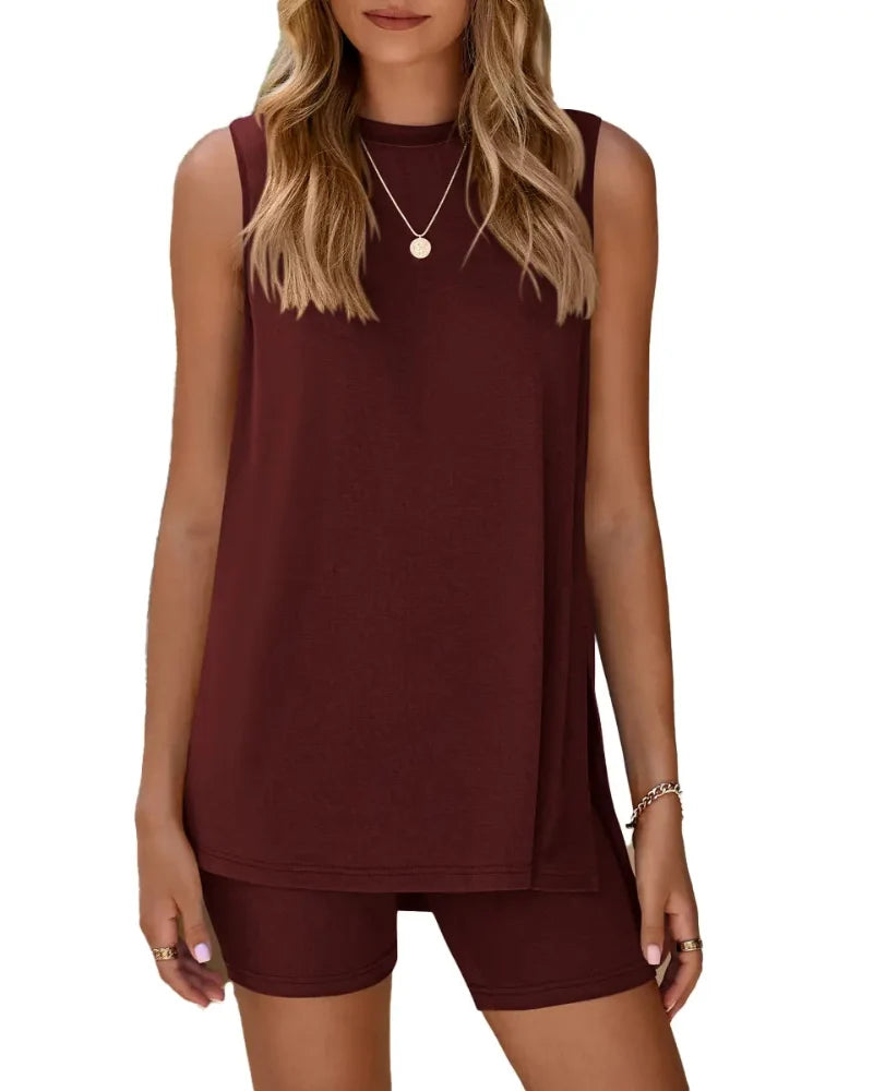 Women’s Sleeveless 2-Piece Summer Lounge Set – Split-Hem Shorts