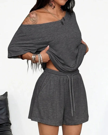 Women's Off-Shoulder Tee Wide-Leg Pants 2P Set