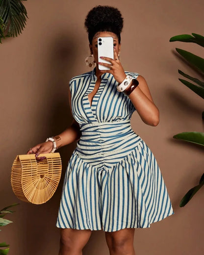 Plus Size Casual Striped Waist Cinched Dress