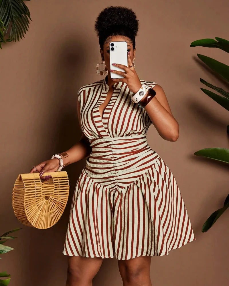 Plus Size Casual Striped Waist Cinched Dress