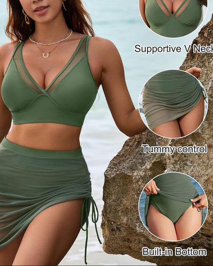 Mesh High Waisted Tummy Control Sarong Wraps Bikini Set