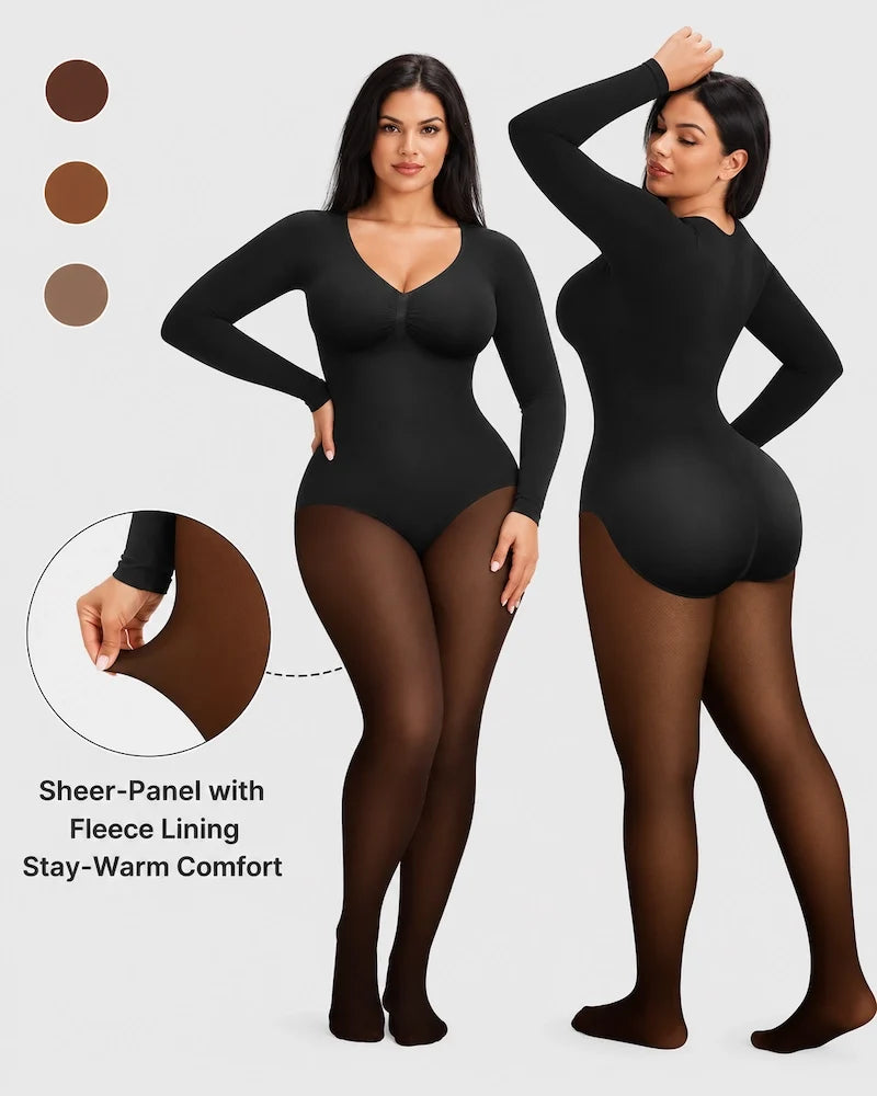 Sheer-Panel Fleece-Lined Long Sleeve Bodysuit