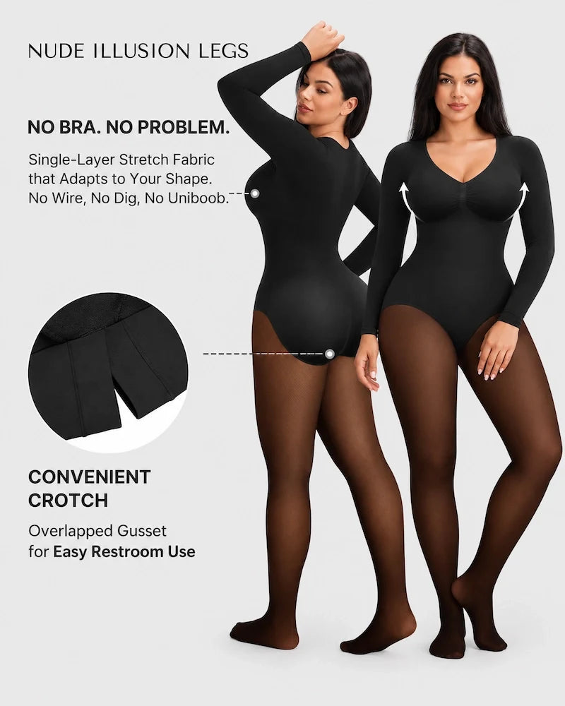 Sheer-Panel Fleece-Lined Long Sleeve Bodysuit