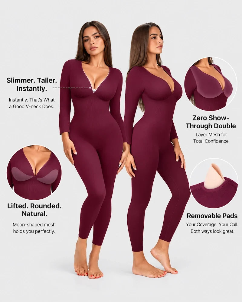 Deep V Ribbed Long-Sleeve Jumpsuit