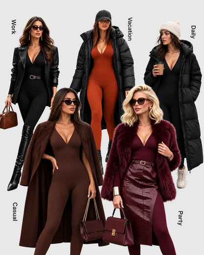 Deep V Ribbed Long-Sleeve Jumpsuit