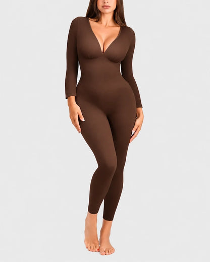 Deep V Ribbed Long-Sleeve Jumpsuit