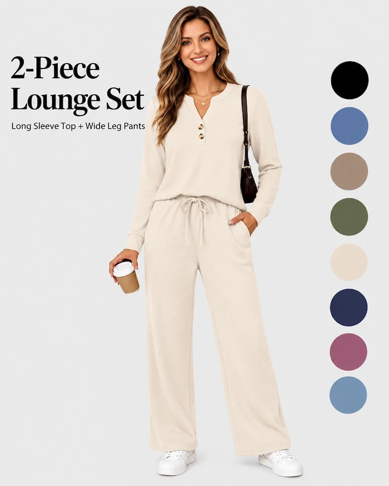 2-Piece Lounge Set - Long Sleeve Top & Wide Leg Pants