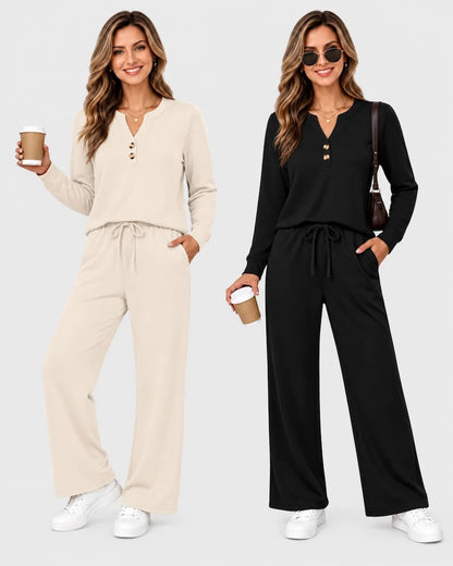 2-Piece Lounge Set - Long Sleeve Top & Wide Leg Pants