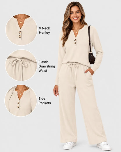 2-Piece Lounge Set - Long Sleeve Top & Wide Leg Pants