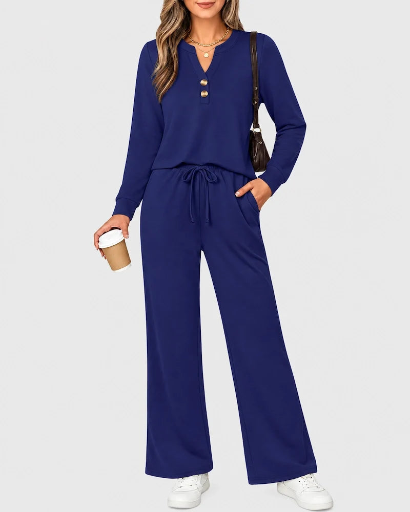 2-Piece Lounge Set - Long Sleeve Top & Wide Leg Pants