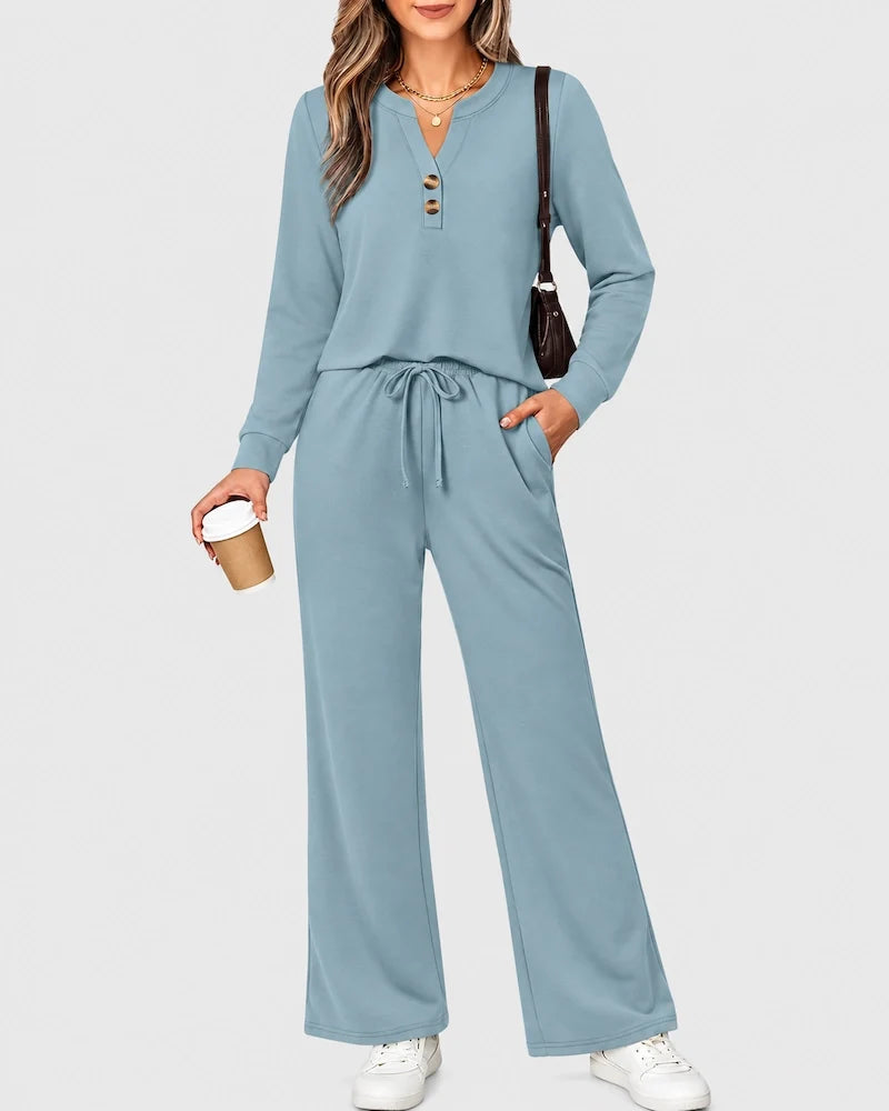 2-Piece Lounge Set - Long Sleeve Top & Wide Leg Pants