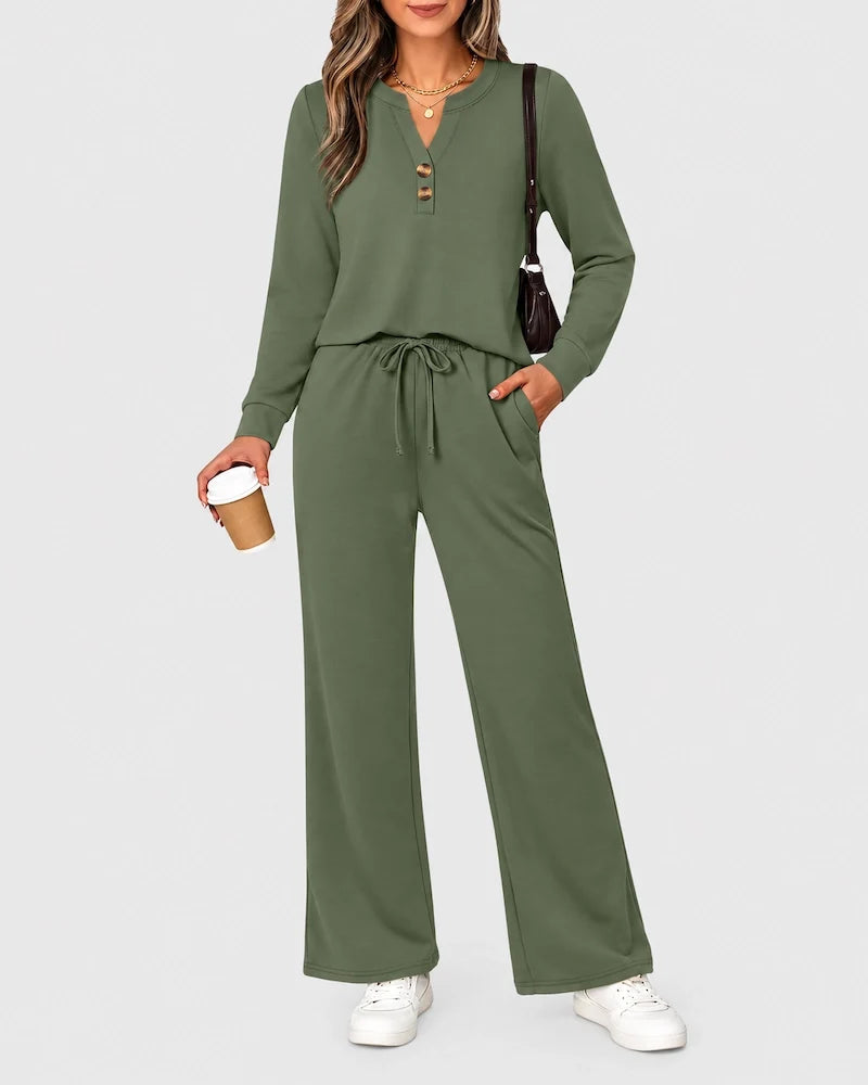 2-Piece Lounge Set - Long Sleeve Top & Wide Leg Pants
