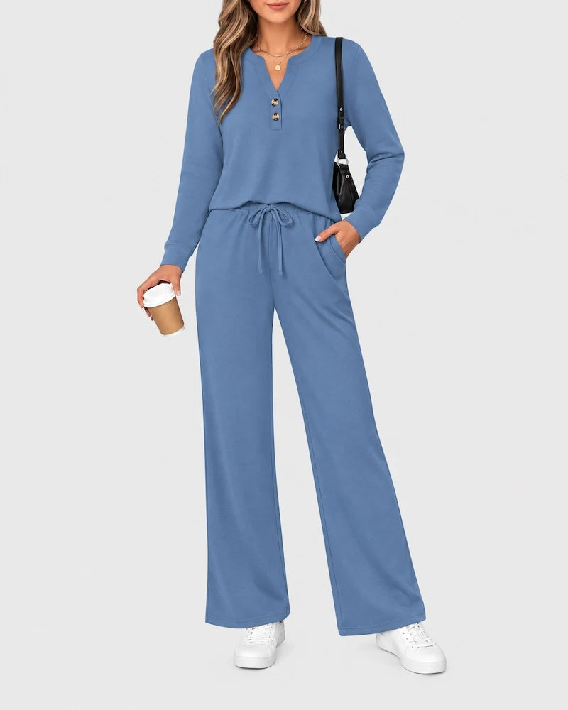 2-Piece Lounge Set - Long Sleeve Top & Wide Leg Pants