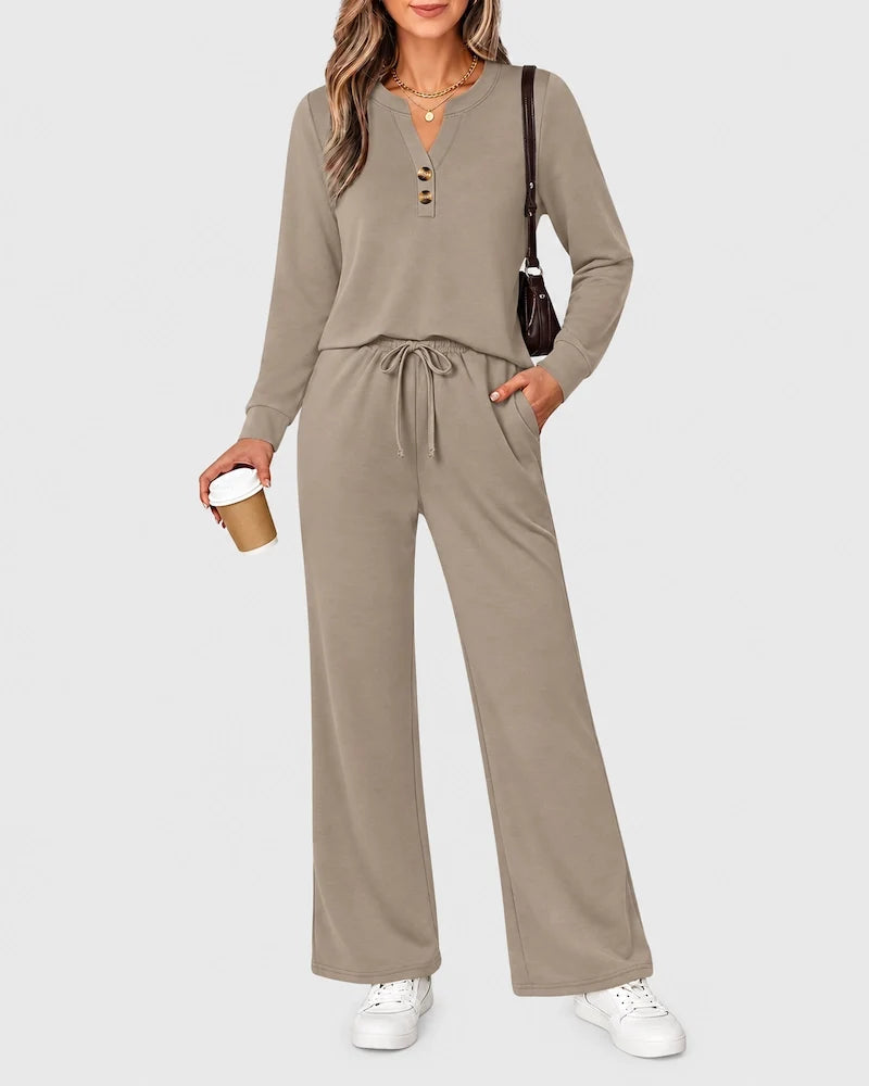 2-Piece Lounge Set - Long Sleeve Top & Wide Leg Pants