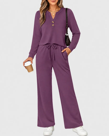 2-Piece Lounge Set - Long Sleeve Top & Wide Leg Pants