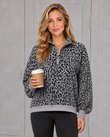 Leopard-Print Half-Zip Oversized Pullover