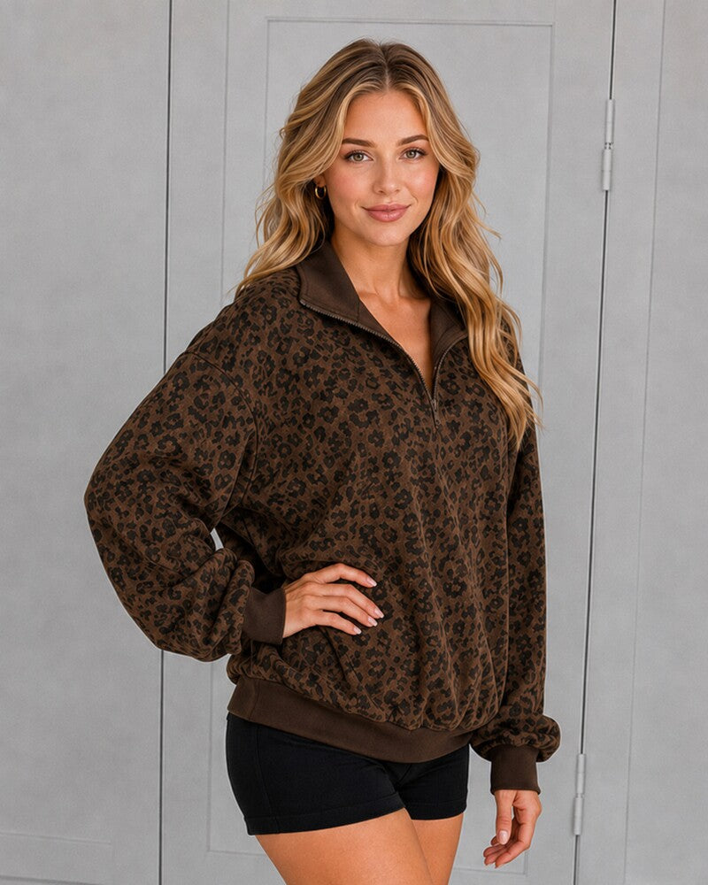 Leopard-Print Half-Zip Oversized Pullover