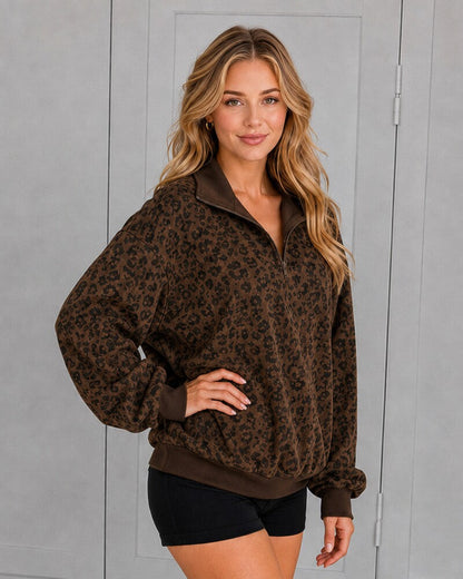 Leopard-Print Half-Zip Oversized Pullover