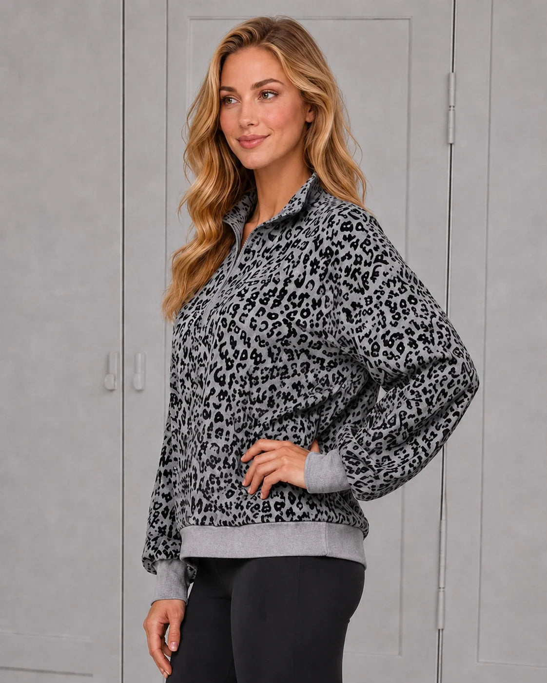Leopard-Print Half-Zip Oversized Pullover